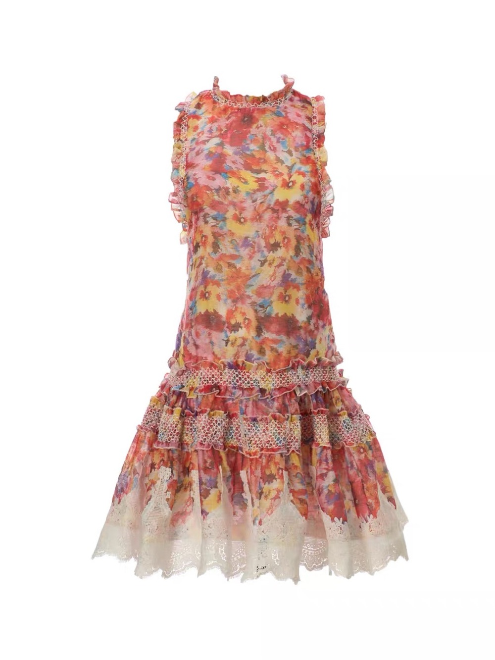 Designer Sleeveless Pink Floral Ruffle Mini Dress - Picture 12 of 12